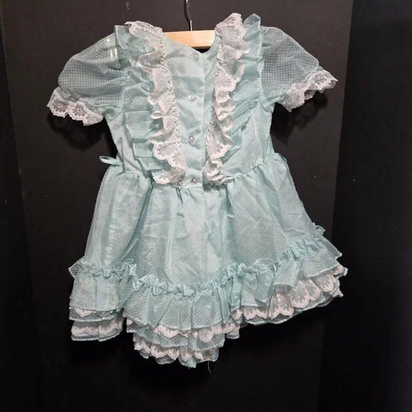 Vtg Mini World Baby Girl Dress Suiss Dot Sheer Ruffle Lace Lt Blue USA